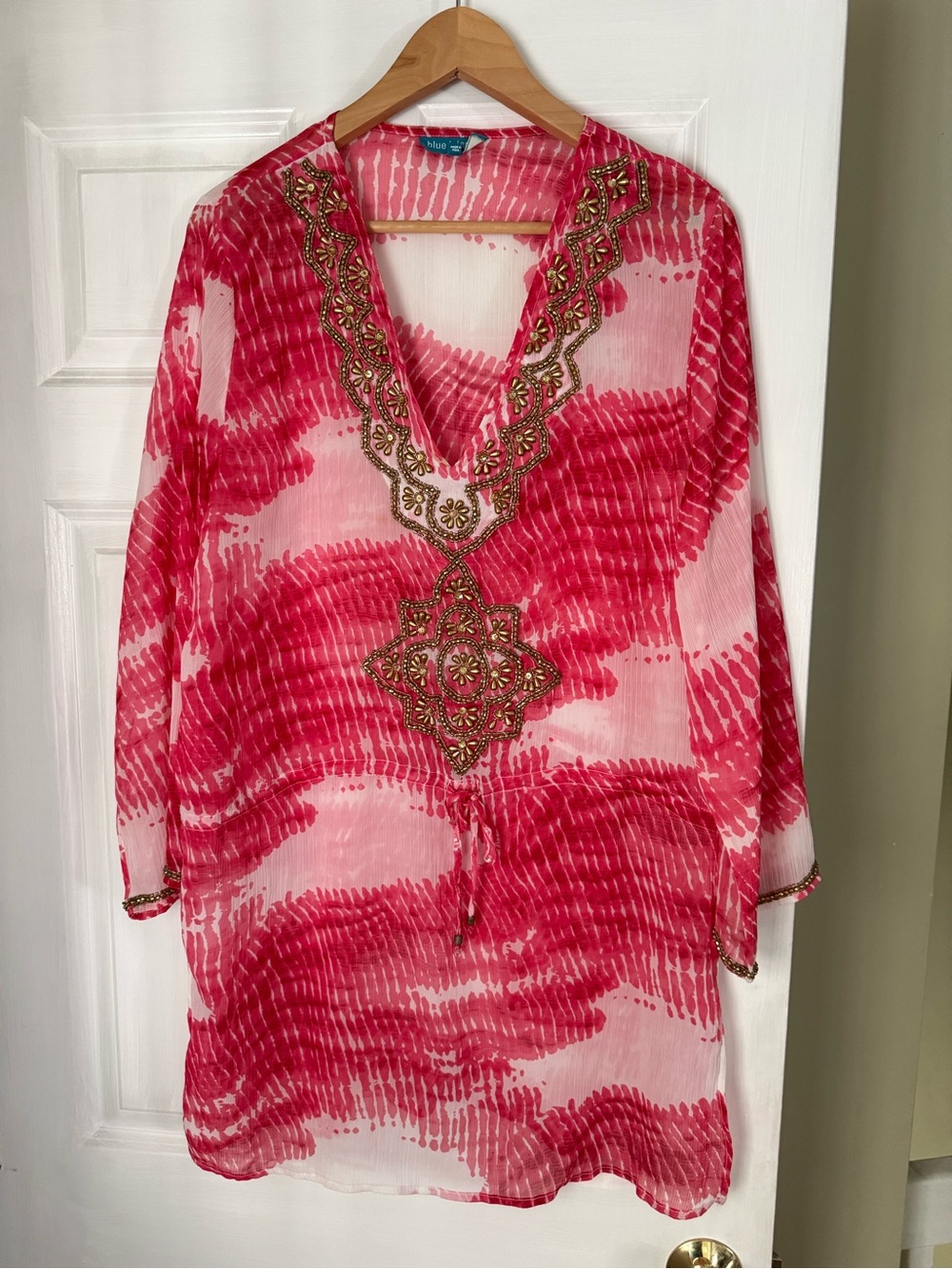 Blue Island Swim Coverup Embroidered V-Neck Sheer Tunic in Fuchsia Pink Sz. XL